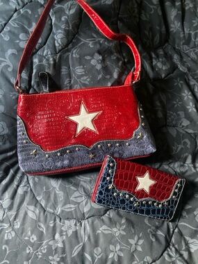 Red and Blue Star Accent Shoulder Bag and Wallet Set